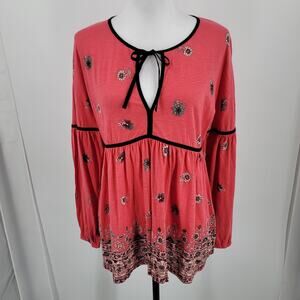 Lucky Brand Blouse Womens Medium Coral Pink Floral Black Trim Neckline Tie